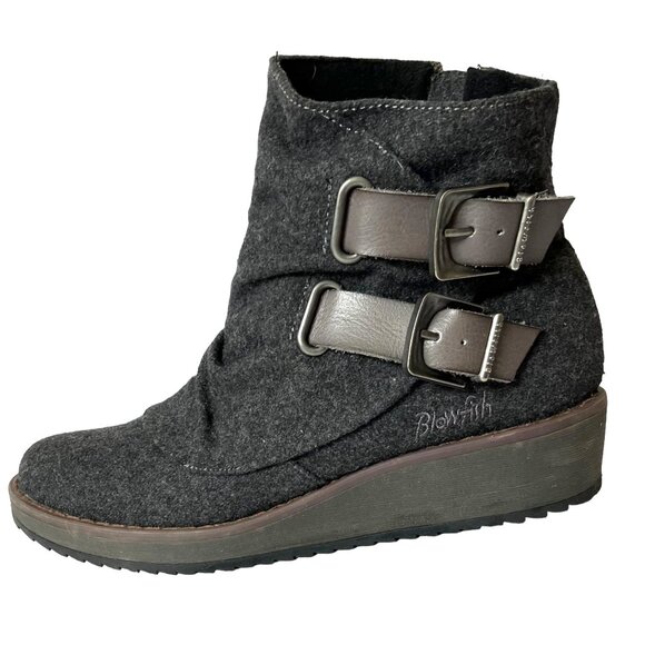 Blowfish “Cocoa” Gray Flannel Side Zipper COMFORT Low Wedge Ankle Boots B130 Sz - Picture 2 of 12